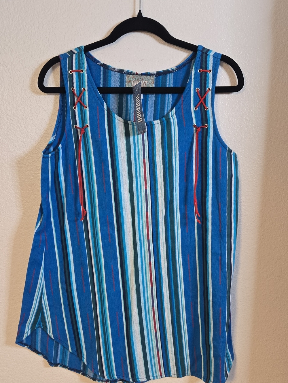 Striped Blue Tank with Red Lace-Up Shoulder Ties — Sundance